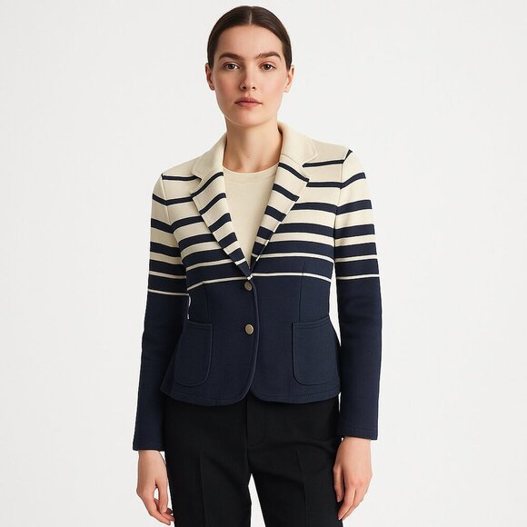 Anthropologie Cartonnier Striped Peplum Knit Blazer French Girl Nautical Navy XS - Picture 3 of 13